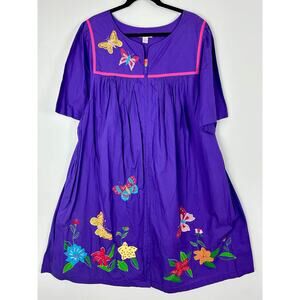 Go Softly Patio Lounge MuMu House Dress 2X Embroidered Butterfly Cottage Purple